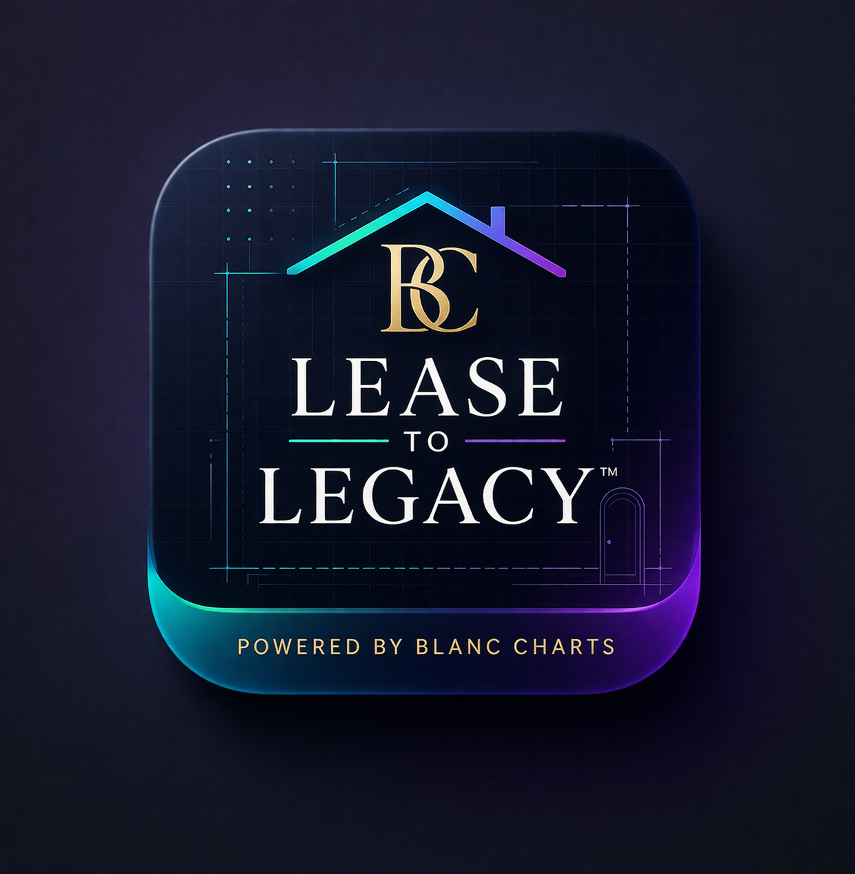 Lease to Legacy brand mark with a house roof in cyan and violet